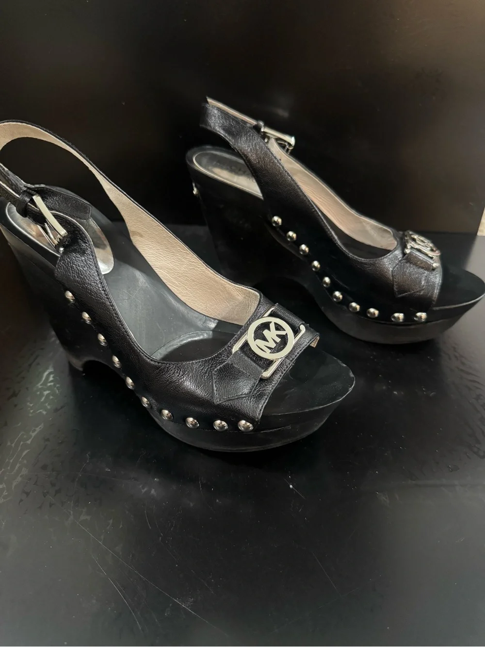 Michael Kors Black Studded Peep-Toe Slingback Wedge